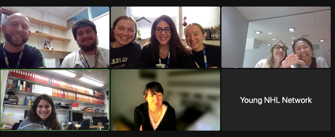 Five screenshotted zoom panels showing 9 YNHLN members smiling at the webcam